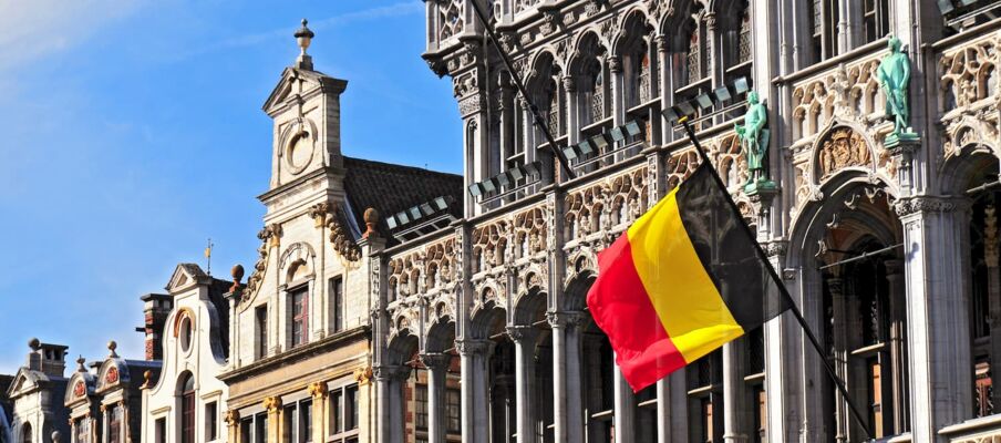 The flag of Belgium with the capital in the background, showing buildings