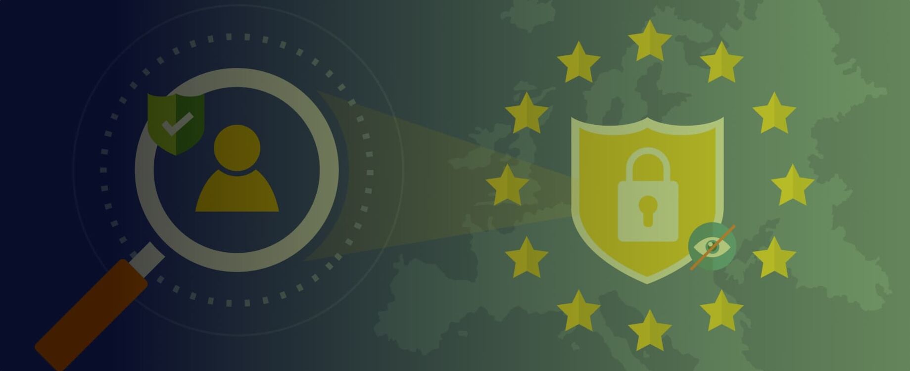 Data compliance and protection symbols in the EU A magnifying glass symbol representing data compliance and a data protection symbol depicting a lock alongside each other.