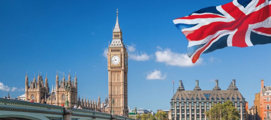 The flag of the United Kingdom with London and Big Ben in the background