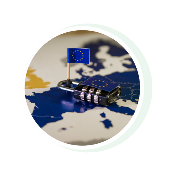 EU-data-protection symbol and lock An EU map showing a padlock surrounding a European flag, representing data privacy and GDPR compliance in the EU.