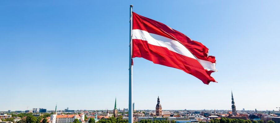 The flag of Latvia with a harbour in the background