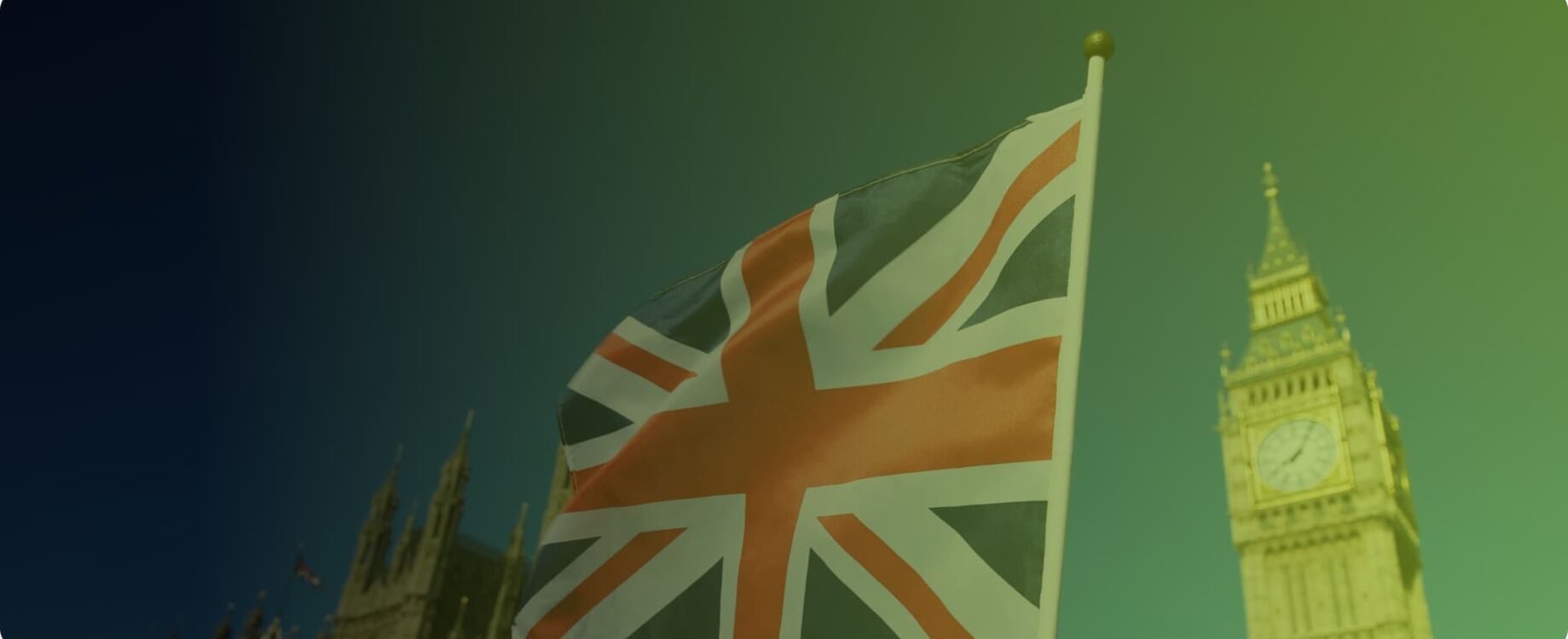 A British flag is placed in the foreground, with a famous London building, the Big Bang and Westminster Palace, in the background.