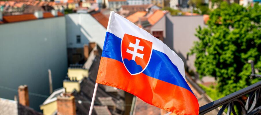 The flag of Slovakia with the capital in the background showing the city and buildings.