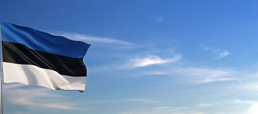 The flag of Estonia with a blue sky in the background