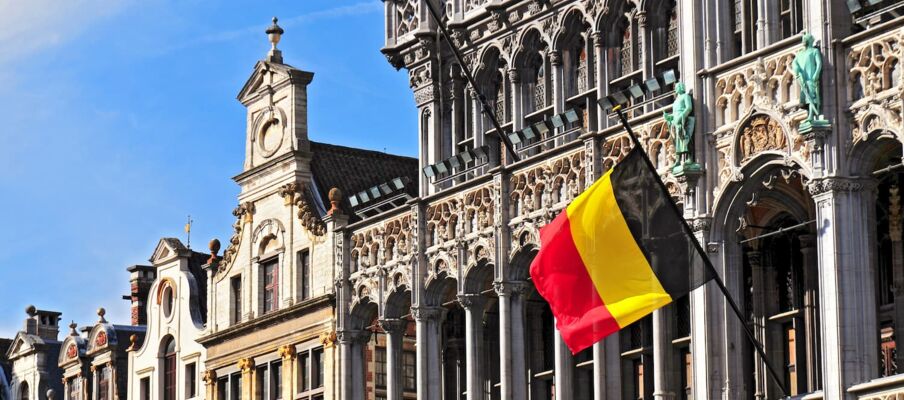 Flag of Belgium with building The flag of Belgium with the capital in the background, showing buildings